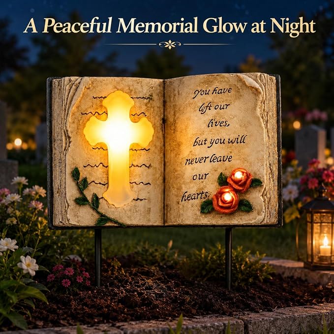 Candieslife Outdoor Solar Memorial Cross Stakes Lights, Waterproof Book Statue Grave Decorations Sympathy Gifts for Cemetery Garden Lawn Yard Patio Home Decor