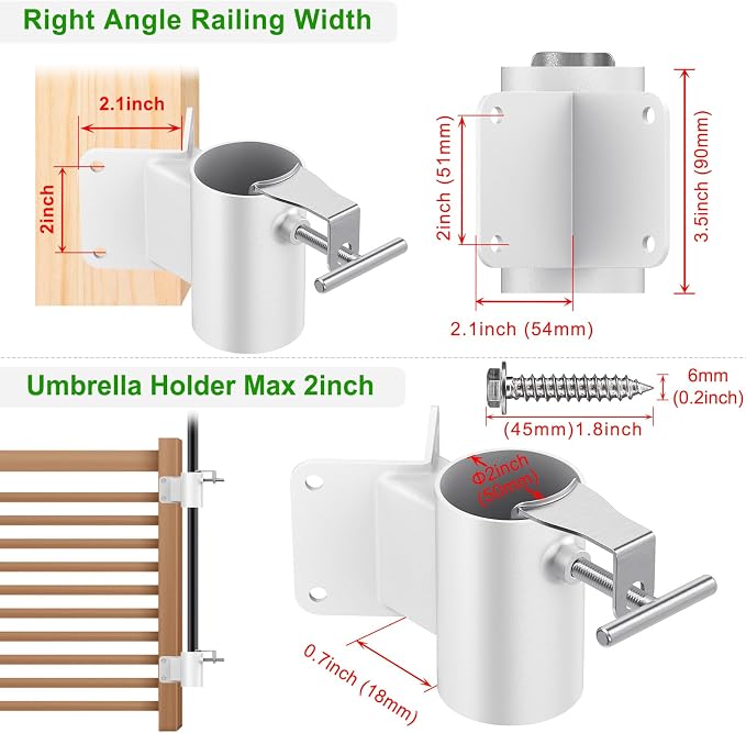 Heavy Duty Deck Railing Umbrella Holder, Patio Umbrella Stand for 1-2 Inch Poles, Space-Saving Design, Secure & Sturdy Corner Mount for Deck Railing, Balcony, Outdoor Courtyard, White