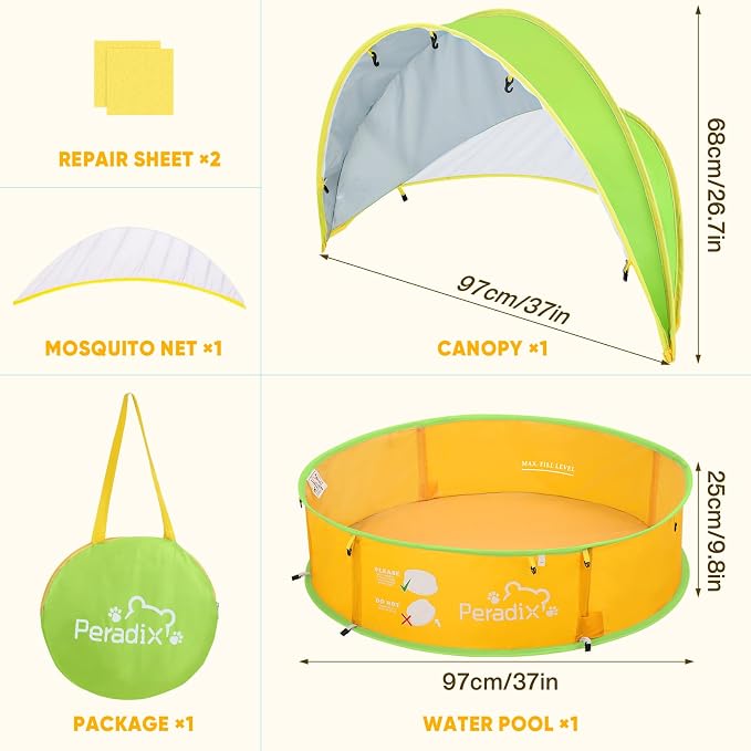 Peradix Paddling Pool for Kids & Pets Infant Ball Pit Tent, Portable Baby Beach Tent, 4-in-1 Pop Up Pool Tent with UV Adjustable Canopy, Indoor/Outdoor Playpen Foldable Toys for Child Summer 2026