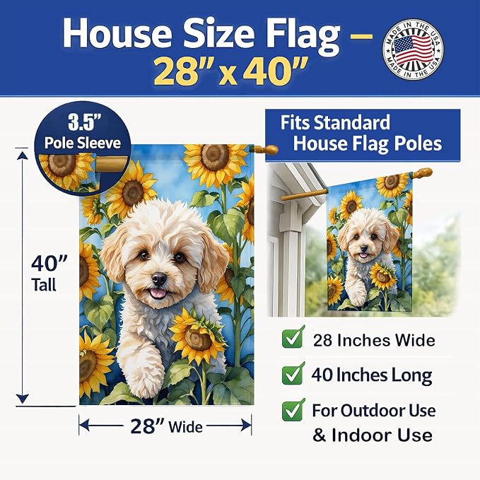 Caroline's Treasures DAC6118CHF Maltipoo in Sunflowers House Flag Large Porch Sleeve Pole Decorative Outside Yard Banner Artwork Wall Hanging, Polyester, House Size, Multicolor