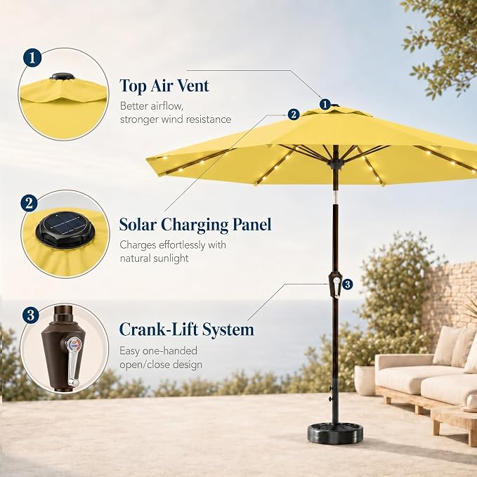 10FT Solar Patio Umbrella with Lights, Outdoor Table Market Umbrella with 32 LED Lights, 8 Sturdy Ribs, Push Button Tilt and Crank for Pool, Deck and Garden, UV-Resistant