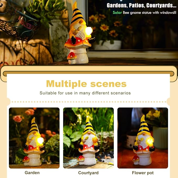 Solar Gnome on Mushroom Decor for Yard Decorations | 10 Inch Gnome Statue Decor for Outdoor,Perfect Garden Gifts for Women,Mom