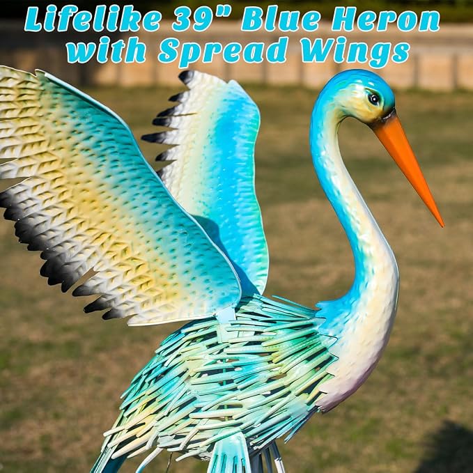 39" Garden Statue Extra Large Heron Sculpture | Metal Yard Art Lawn Ornament Outdoor Decor Backyard Pond Porch Patio Landscape 3 U Stakes Windproof Bird Lover Gift