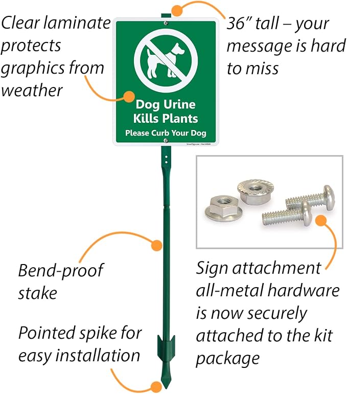 SmartSign 12 x 10 inch “Dog Urine Kills Plants - Please Curb Your Dog” LawnBoss Yard Sign with 3 foot Stake, 40 mil Laminated Rustproof Aluminum, White and Green, Set of 1