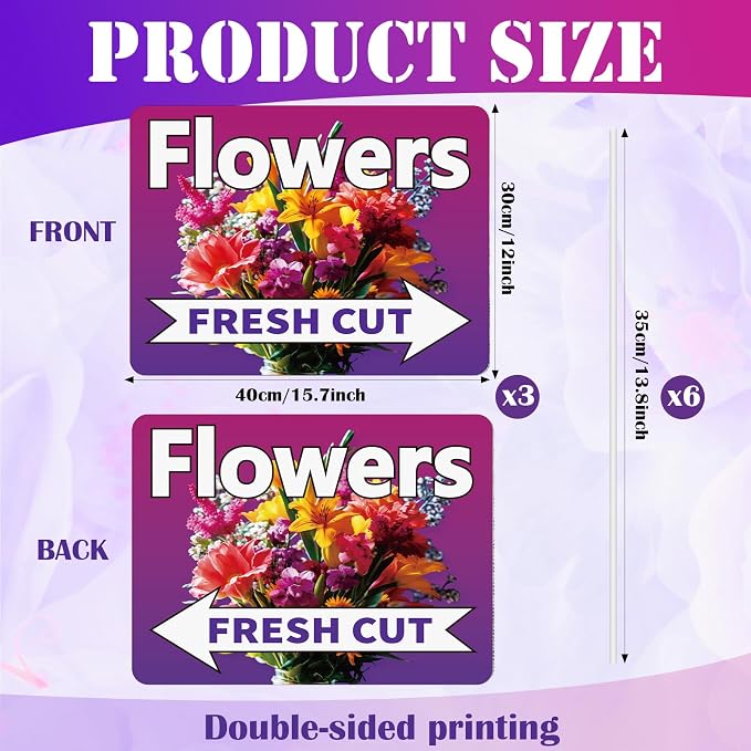 Pinkunn 3 Pack 16 x 12 Inch Fresh Cut Flower Yard Signs with Stakes Double Sided Weatherproof Garden Signs for Shops, Markets Events