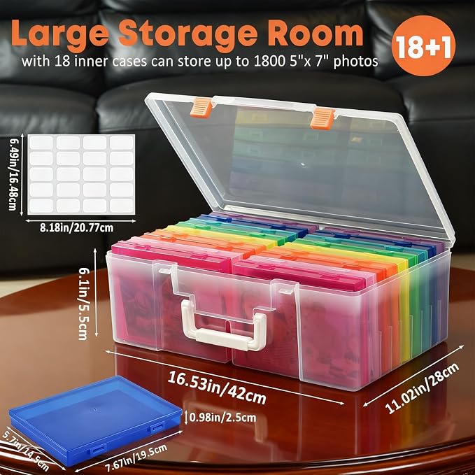 NINU Photo Storage Box with Handle, 5" x 7" Photo Organizer Storage Container with 18 Inner Case and 1 Sheet Blank Labels for Pictures, Arts, Crafts, Sewing, Seeds, Office Supplies (Colorful)