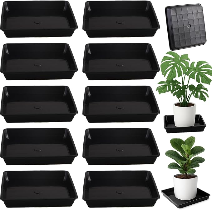 10 Pack Square Plant Saucer 10 Inches Plant Trays for Pots Plastic Round Drip Trays Flower Pot Saucers Black Planter Water Tray Plant Drainage Tray, Black