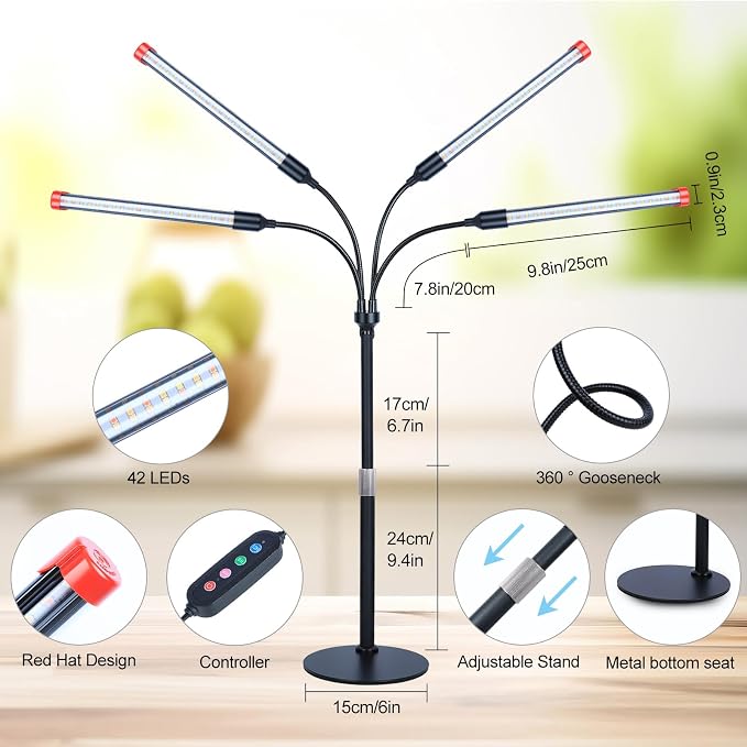 FECiDA 2026 4Head Table Top Grow Lights for Seed Starting, Indoor Plants, Bonsai, 36 Watt Power Draw, NO Need Adapter, 4/8/12/16/20H Timer, 16"-24" Height Adjustable