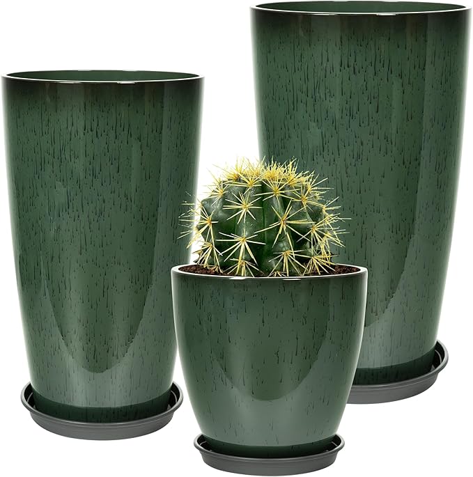 Neoaider Set of 3 Tall Planter, 24/21/12in Large Plastic Planter, DarkGreen | Ceramic-Look, Lightweight, Built-in Drain Hole, Saucers, Tall Outdoor Planter for Porch, Garden, Patio, Balcony