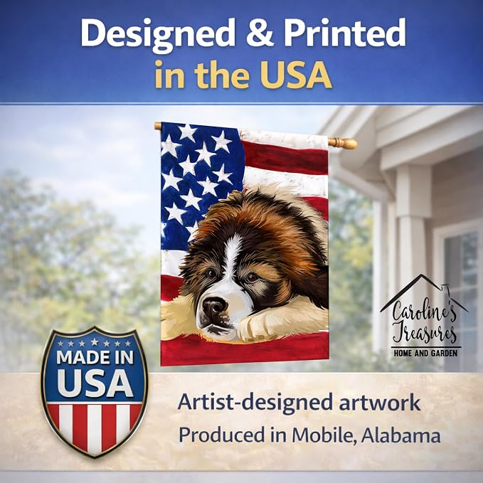 Caroline's Treasures CK6465CHF Bucovina Shepherd Dog American Flag House Flag Large Porch Sleeve Pole Decorative Outside Yard Banner Artwork Wall Hanging, Polyester, House Size, Multicolor