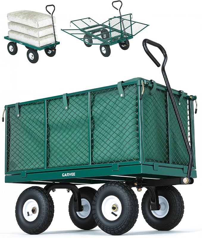 Garvee Versatile Outdoor Utility Cart-800LBS Heavy-Duty, 10" All-Terrain Pneumatic Tires, Easy Maneuverable Lawn Cart with Removable Mesh Panels for Gardening&Landscaping, Green, with Waterproof Liner