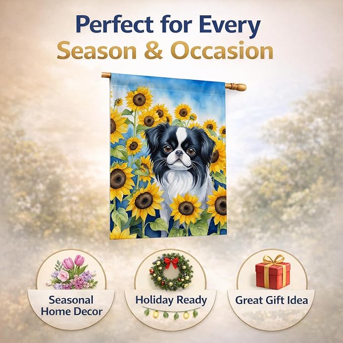 Caroline's Treasures DAC6103CHF Japanese Chin in Sunflowers House Flag Large Porch Sleeve Pole Decorative Outside Yard Banner Artwork Wall Hanging, Polyester, House Size, Multicolor