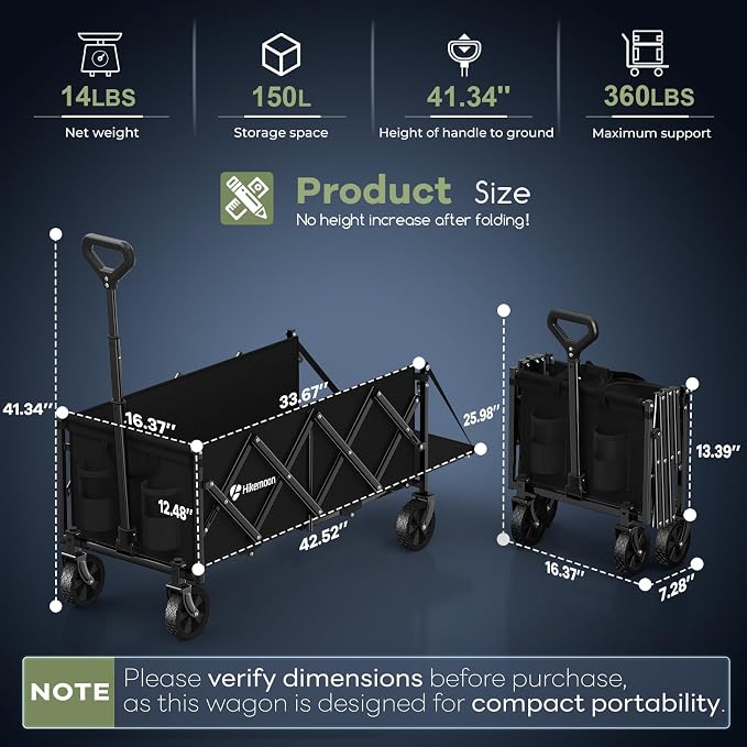 Hikemoon 43'' Extra Long Collapsible Wagon with Extended Tailgate, 360LBS Heavy Duty Wagons Carts Foldable, Portable Folding Outdoor Utility Cart for Grocery, Shopping, Beach, Camping, Black