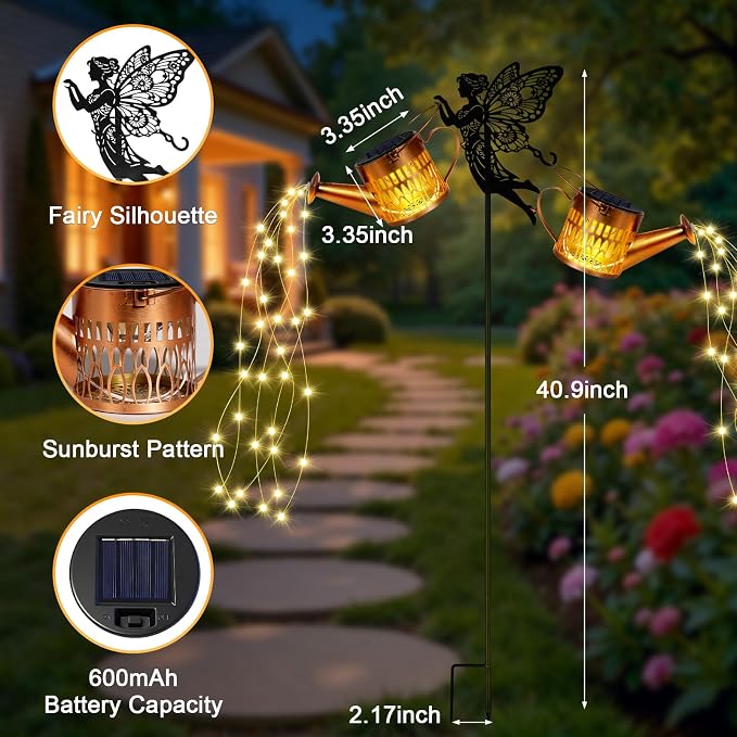 2 Pack Solar Watering Can Lights, Metal Solar Lights Outdoor Decorative with Fairy Silhouette Stake, Waterproof Hanging Lantern Garden Decor Light for Outside, Patio, Yard, Birthday Gifts for Women