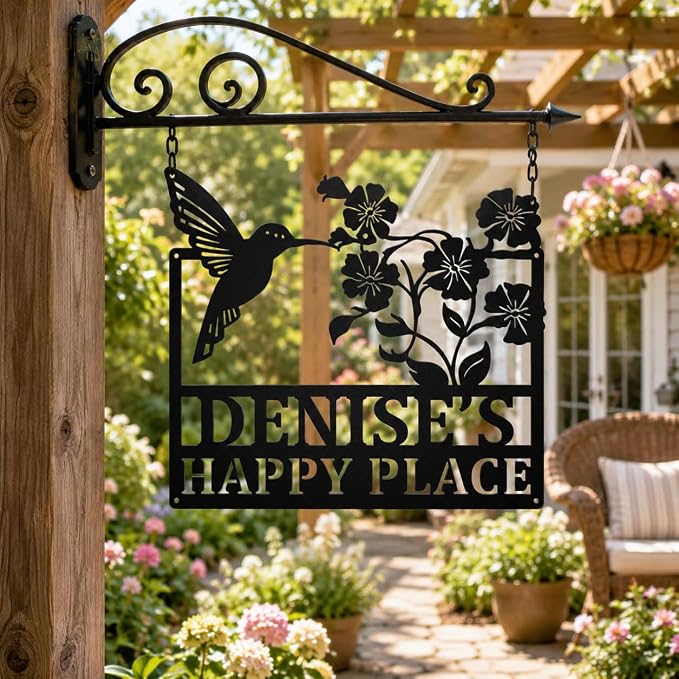 Personalized Garden Sign with Stake, Custom Metal Garden Name Sign for Outside, Hummingbird Flower Yard Decor, Outdoor Garden Stake Sign, Gifts for Gardeners, Mom, Grandma, Housewarming Gift