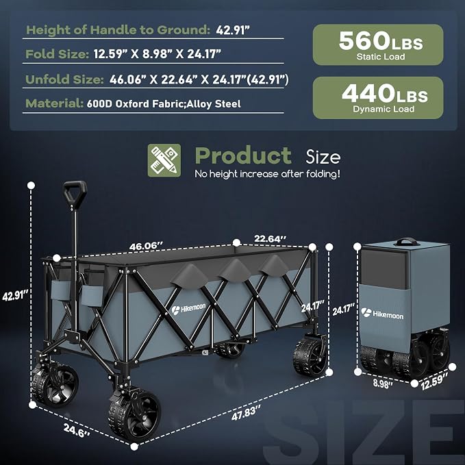 Hikemoon 300L Extra Large Wagons Carts Foldable, 560LBS Heavy Duty Collapsible Beach Wagon 48" Long with Big All-Terrain Wheels, Utility Folding Cart for Camping, Grocery, Sports, Garden, Blue & Grey