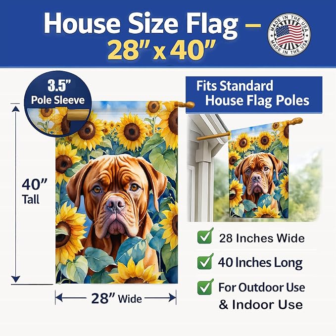Caroline's Treasures DAC6069CHF Dogue de Bordeaux in Sunflowers House Flag Large Porch Sleeve Pole Decorative Outside Yard Banner Artwork Wall Hanging, Polyester, House Size, Multicolor