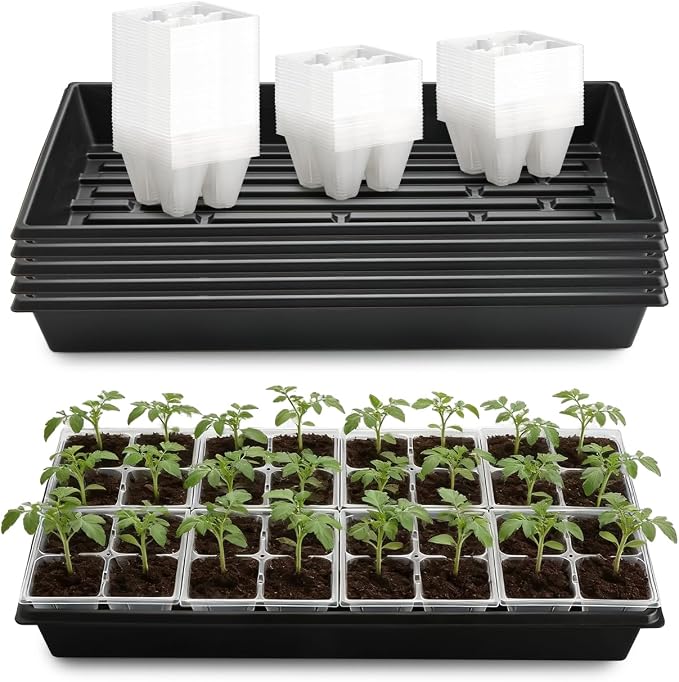 RooTrimmer 5 Pack Heavy Duty 1020 Trays and 40 Pack Clear 4 Cell Seed Starter Trays with Large Drainage Holes, Easy Transplant - for Seed Germination & Plant Propagation (5 Sets)