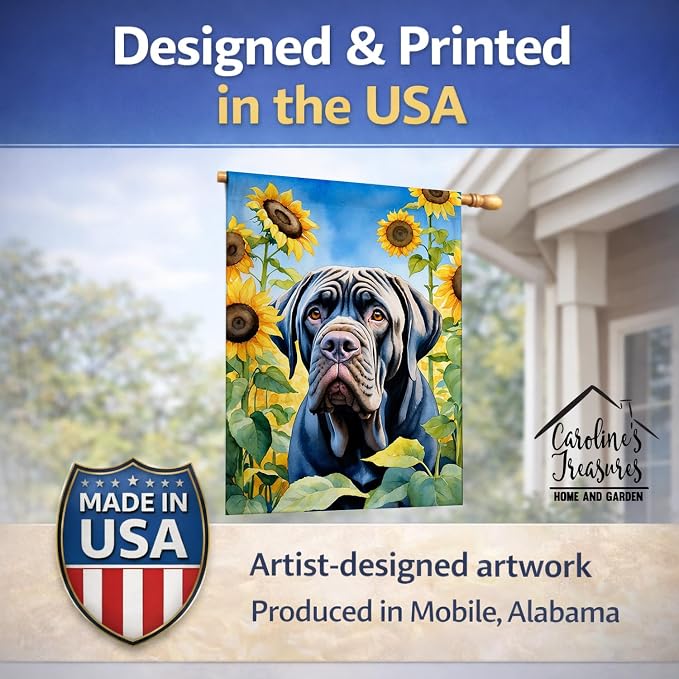 Caroline's Treasures DAC6122CHF Neapolitan Mastiff in Sunflowers House Flag Large Porch Sleeve Pole Decorative Outside Yard Banner Artwork Wall Hanging, Polyester, House Size, Multicolor