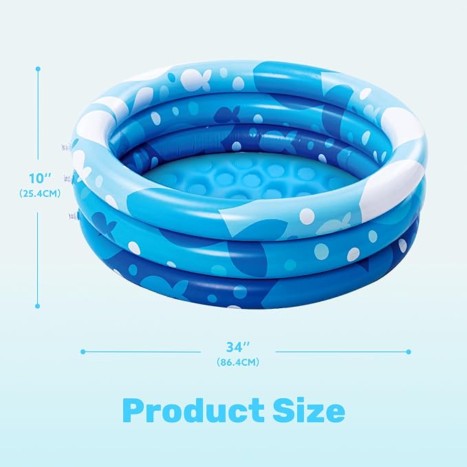Sloosh Inflatable Kiddie Pool, 34"x10" Blow Up Kid Swimming Pool,3 Rings Blue Baby Pool for Toddler,Play Pit for Dog with Geometric Pattern for Summer Water Party Backyard Garden(Fish)