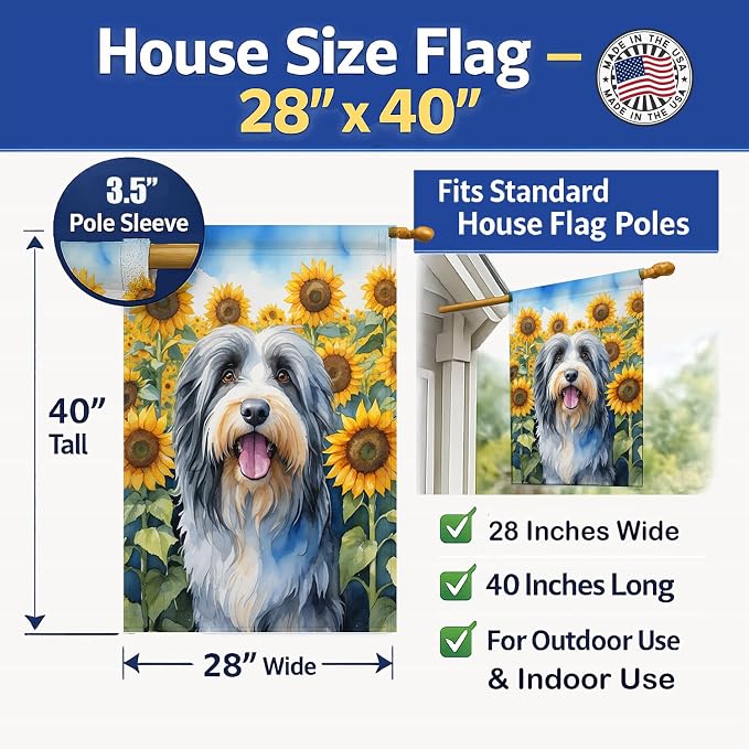 Caroline's Treasures DAC6020CHF Bearded Collie in Sunflowers House Flag Large Porch Sleeve Pole Decorative Outside Yard Banner Artwork Wall Hanging, Polyester, House Size, Multicolor