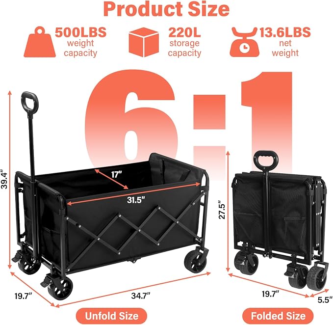Collapsible Wagon Cart Foldable - Extra Large 500 lbs Capacity Portable Folding Beach Wagon with Wheels - 34'' Extra Long Heavy Duty Utility Cart for Groceries, Shopping, Camping, Sports - Black