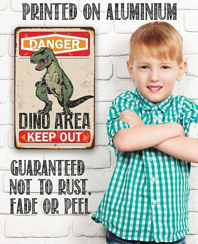 Metal Sign - Danger Dinosaur Area Keep Out - Durable Metal Sign - Use Indoor/Outdoor - Great Gift and Decor for Kid's and Play Room Under $20 (8" x 12")