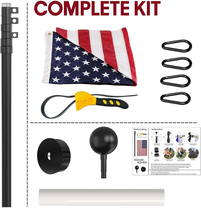 30FT Telescoping Flag Pole for Outside House, Extra Thick Telescopic Flagpole with USA Flag, Inground Outdoor Use, Camper RV, Residential & Commercial, Complete Hardware & Top Ball (Black)