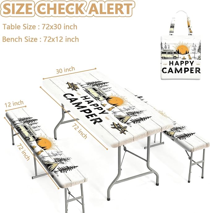 Picnic Table Cover with Bench Covers Elastic Edges, Outdoor Patio Camping Essentials 72 Inch 3PCS, Waterproof Camping Fitted Tablecloth with Handbags (Happy Camper)