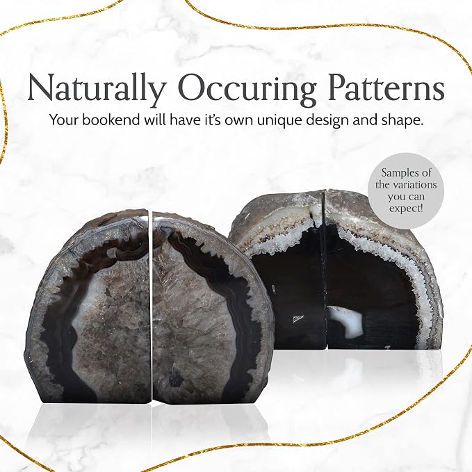 Nature's Decorations A Quality Black Agate Geode Bookends - Heavy Duty with Non-Skid Rubber Bumpers for Shelves, Office, Home Decor - Cool Crystal Stone (1 Pair 6-8 LB)