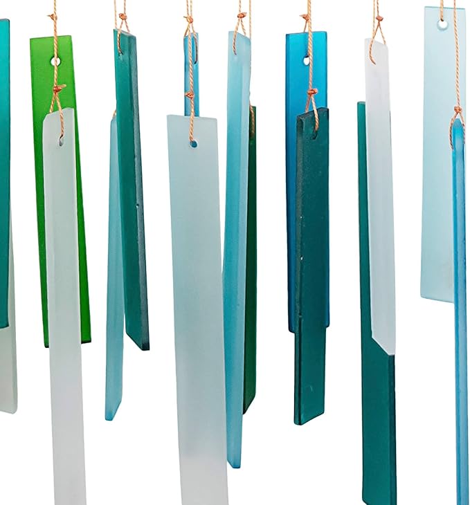 Blue Handworks Sea Glass and Driftwood Chime | Sandblasted Glass and Found Wood Hand Crafted Wind Chime