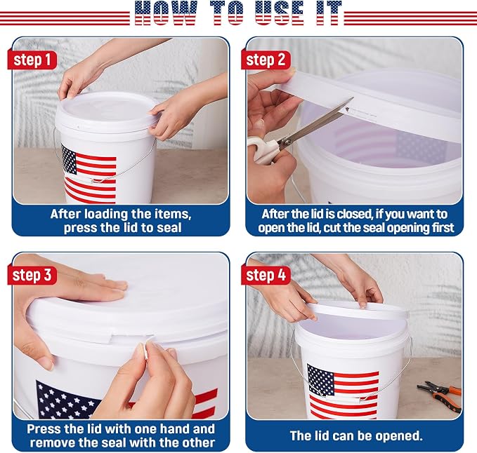 Threehoney 4 Pcs 2 Gallon Plastic Bucket with Lid and Handle, Large White Heavy Duty Bucket with American Flag for Home Gardening Tools Household Cleaning Baseballs Storage Container