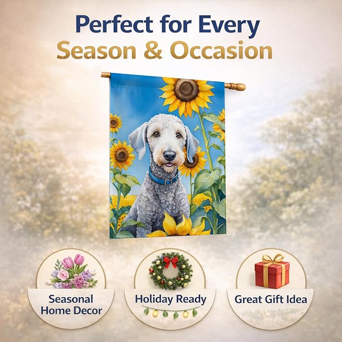 Caroline's Treasures DAC6021CHF Bedlington Terrier in Sunflowers House Flag Large Porch Sleeve Pole Decorative Outside Yard Banner Artwork Wall Hanging, Polyester, House Size, Multicolor