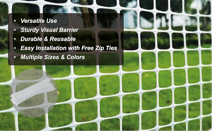 PotatoLife Plastic Hardware Mesh Netting, Garden Netting, Temporary Fence, Tree Guards, Safety Net for Balcony, Deck, Stair Railing, Animal Barrier, Poultry, Deer, with 50 Zip Ties, 4' x 50', White