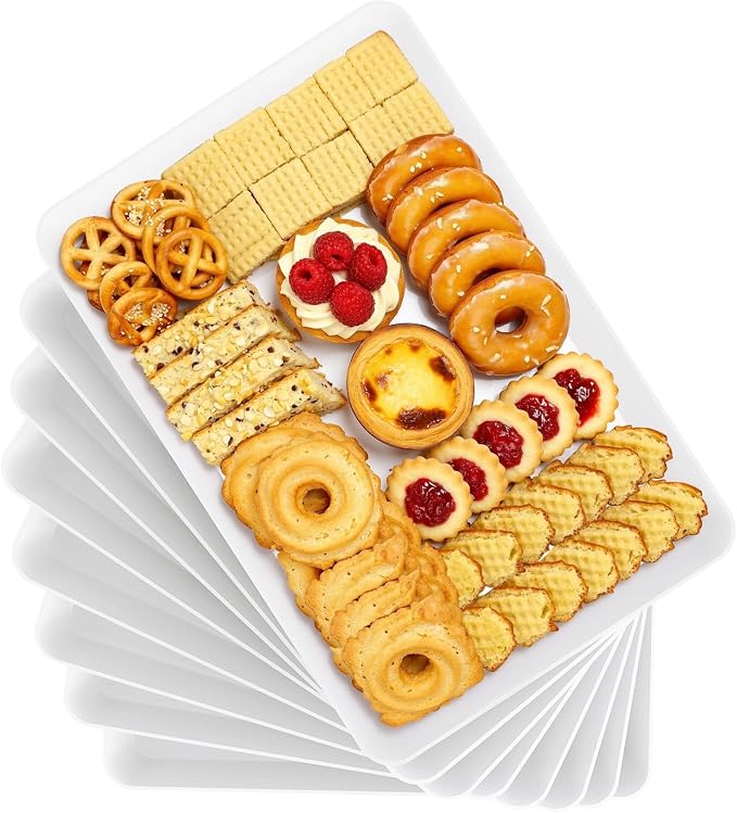8-Pack Serving Tray, Serving Platter for Parties, Entertaining, Camping & Food Display, Reusable & Stackable Plastic Trays in Kitchen, Rectangular Food Platters for Cookie, Appetizer(White)