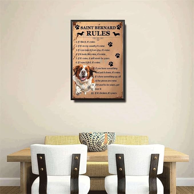 Metal Sign Tin Sign Vintage Wall Art Saint Bernard Rules Home Decor for Restaurant 6×8 Inches with Metal Frame
