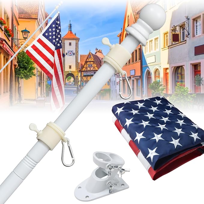 Flag Pole Kit - Includes 5ft Heavy Duty Tangle Free Flagpole,3x5 Embroidered American Flag, Metal Aluminum Holder Bracket,for Outside House,Porch,Outdoor - White