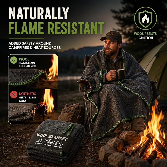 Wool Camping Blanket 10-Pack - 70% Wool Heavy-Duty Military Style Throw, Warm & Washable, Fire Retardant Cover for Emergency, Survival & Outdoor Use - For Camping, Car, Home & Hiking, Grey 62x84