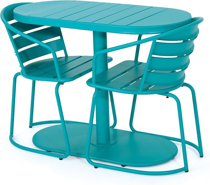 Christopher Knight Home Adley Outdoor Bistro Set, 3-Piece Bistro Table and Chair Set of 2, Patio Furniture Set with Iron Frame, Outdoor Metal Bistro Dining Set, Poolside/Garden Cafeteria, Teal