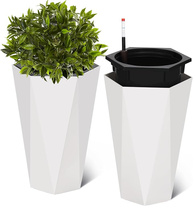 GarveeLife 22.5 in Tall Diamond Planters Set of 2, Self Watering Planters with Water Level Monitor, Flower Pots Outdoor and Indoor for Patio, Porch, Living Room, Home Office, White