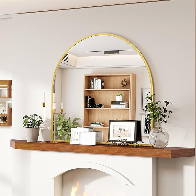 Wide Arched Wall Mirror, 31 x 32 inch Arch Bathroom Mirror Gold | Wall Mounted Bathroom Vanity Mirror with Arch Metal Frame, Modern Room Decor for Bedroom, Entryway, Hanging or Leaning