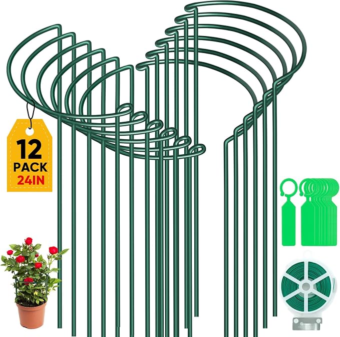 12 Pack 24 Inch Tall Plant Support Stakes, 10" W x 24" H Half Round Peony Cages and Support, Heavy Duty Green Plant Cage Ring Support for Indoor and Outdoor Peony Rose Tomato Hydrangea Flower
