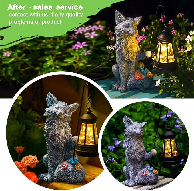 Fox Statue for Garden Decor, Garden Statue with Solar Power Light for Outdoor Patio Porch Lawn Yard Backyard Oudside Indoor Shelf Decoration,Praying Fox Sculptures Gifts for Mom Grandma