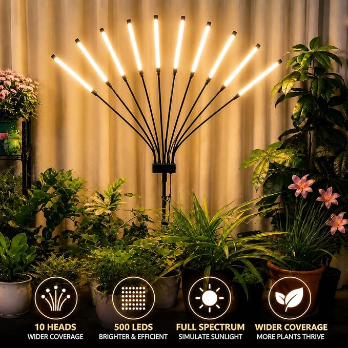 Grow Lights for Indoor Plants [ 10 in1 ] 500 LEDs, Full Spectrum Grow Light for Indoor Growing with Tripod Stand, Auto On/Off Timing 4/8/12H, Plant Grow Lights Indoor.