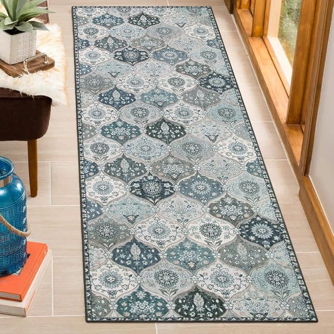 Lahome Moroccan Washable Runner Rug, 2x6 Blue Kitchen Runners for Hallways | Non Slip Vintage Trellis Laundry Room Rug Vintage Ultra-Thin Long Carpet for Kitchen Bedroom Elise,, Blue
