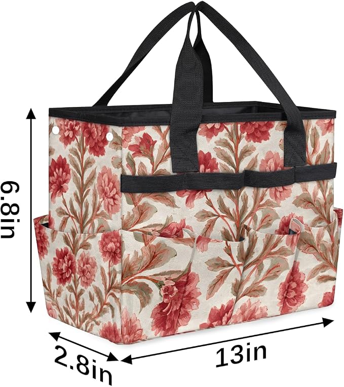 Garden Tote Bag with 10 Pockets Vintage Flowers Heavy Duty Gardening Bags for Tools Organizer Storage Bag with Handle for Garden Lawn Yard Casual