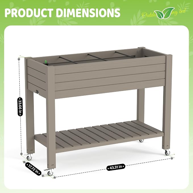 Vixzen Raised Garden Bed Outdoor,Reinforced Large Planter Box with Wheels & Storage Shelf,Mobile Planter Bed Box for Backyard, Patio, Balcony (Light Brown, 21Gal（43.31"×17.72"×33.66"）)