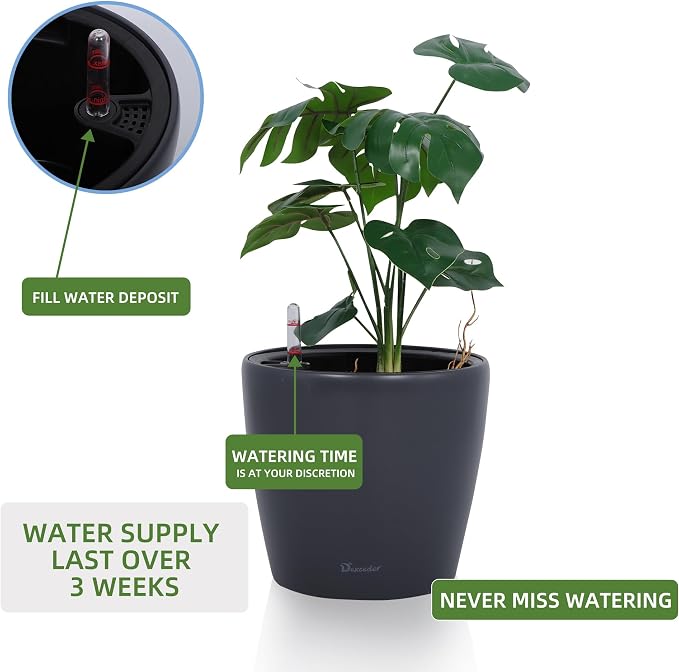 Dexceder 9x8 Self Watering Planter (Slate Gray Matte) | Inner Pot Design, Thickened Table Flower Plant Pot with Water Level Indicator Indoor Outdoor