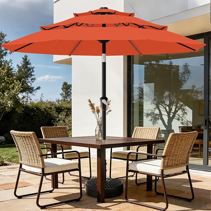 AreShark 9ft 3-Tier Patio Umbrellas, Outdoor Umbrella with 8 Sturdy Ribs UV Protection Windproof, Market Table Umbrella w/Push Button Tilt & Crank for Pool, Porch, Deck, Garden(Orange)