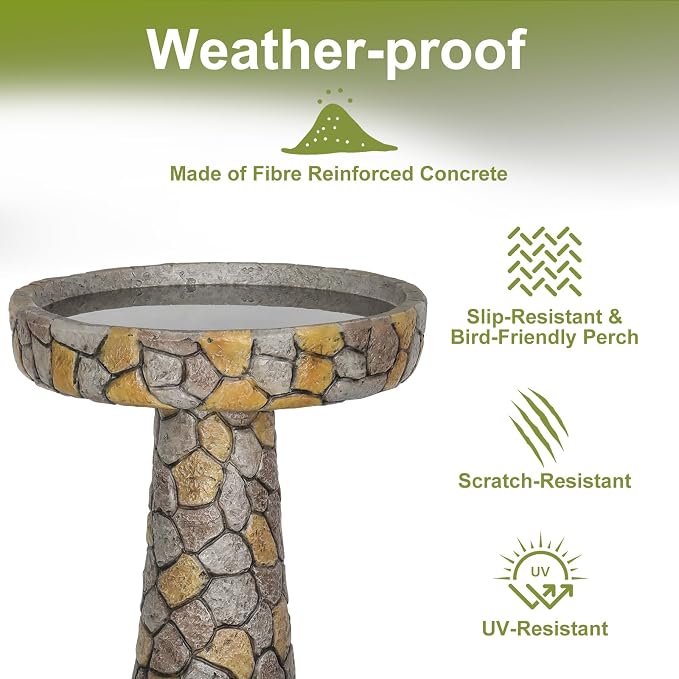 SKYFIRE 24" H Outdoor Bird Bath, Concrete Freestanding Pedestal Birdbath, Rustic Faux Stone Bird Bath Bowl for Garden, Patio, Yard, Lawn - 18.8" Dia. x 24" H Weather Resistant Garden Decoration
